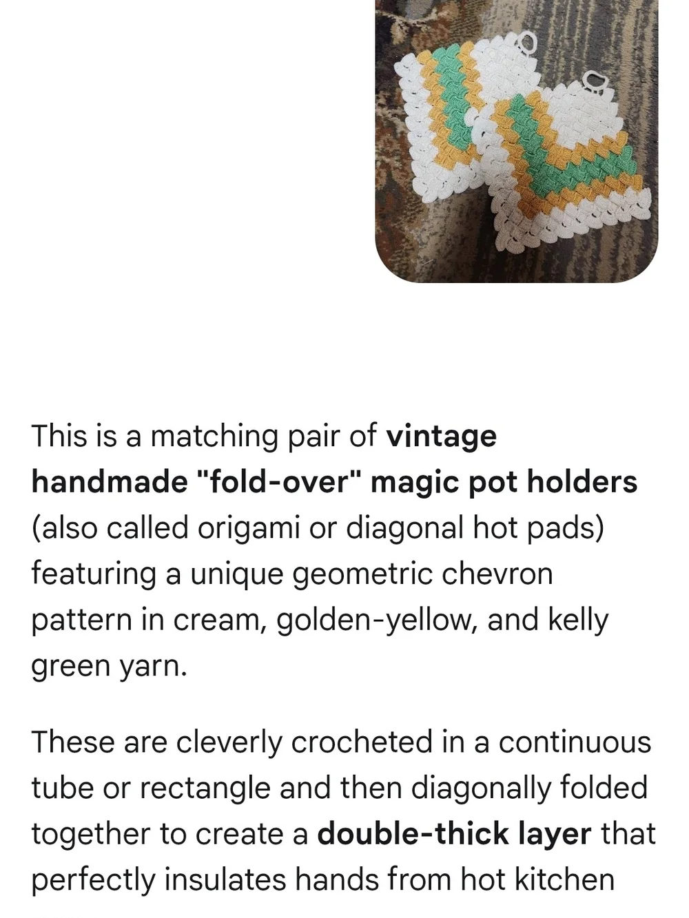 Handmade White, Yellow & Green Crochet Pot Holders - Set of 2